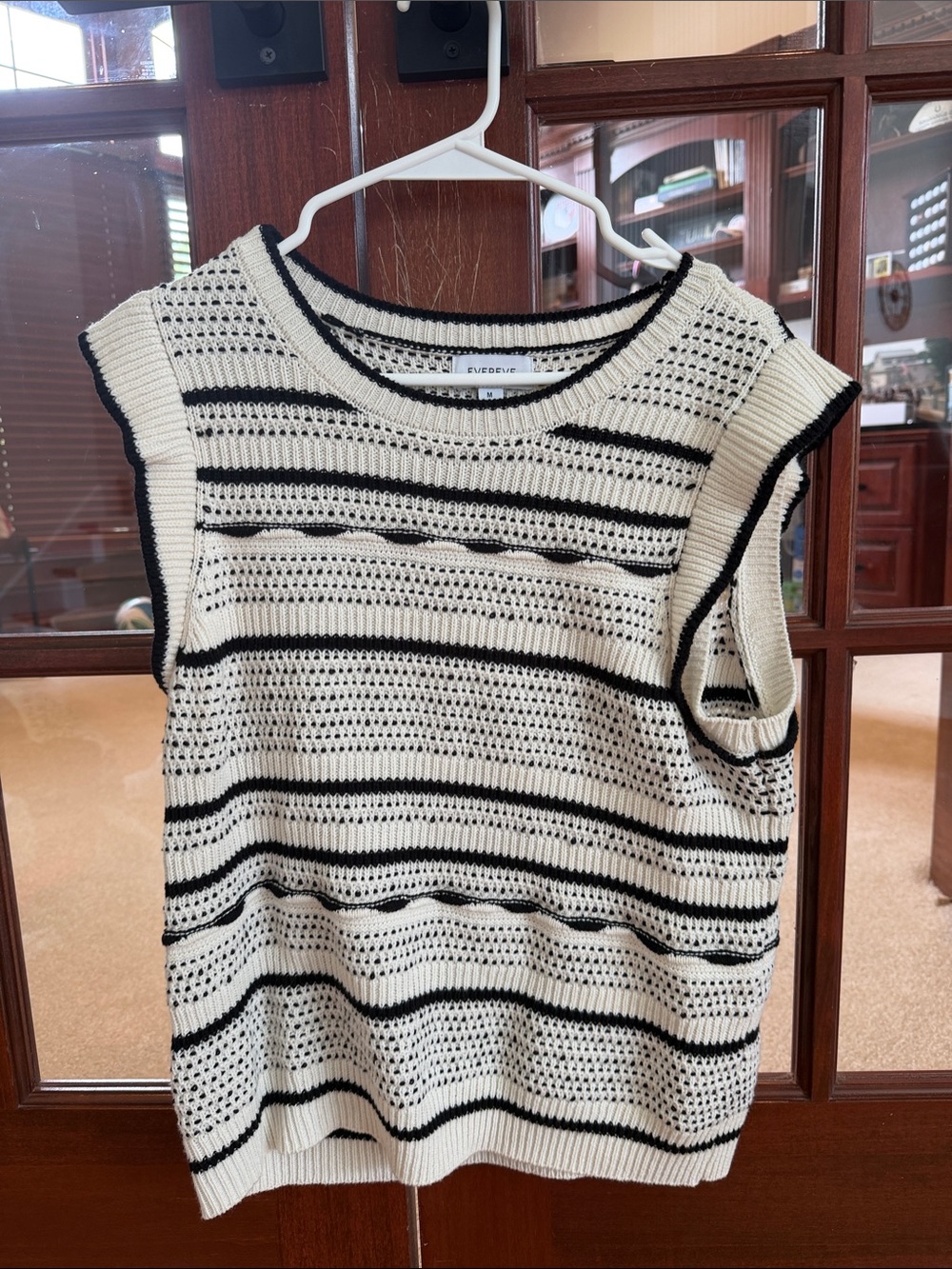 Evereve Cream and Black Striped Knit Sleeveless Muscle Tee